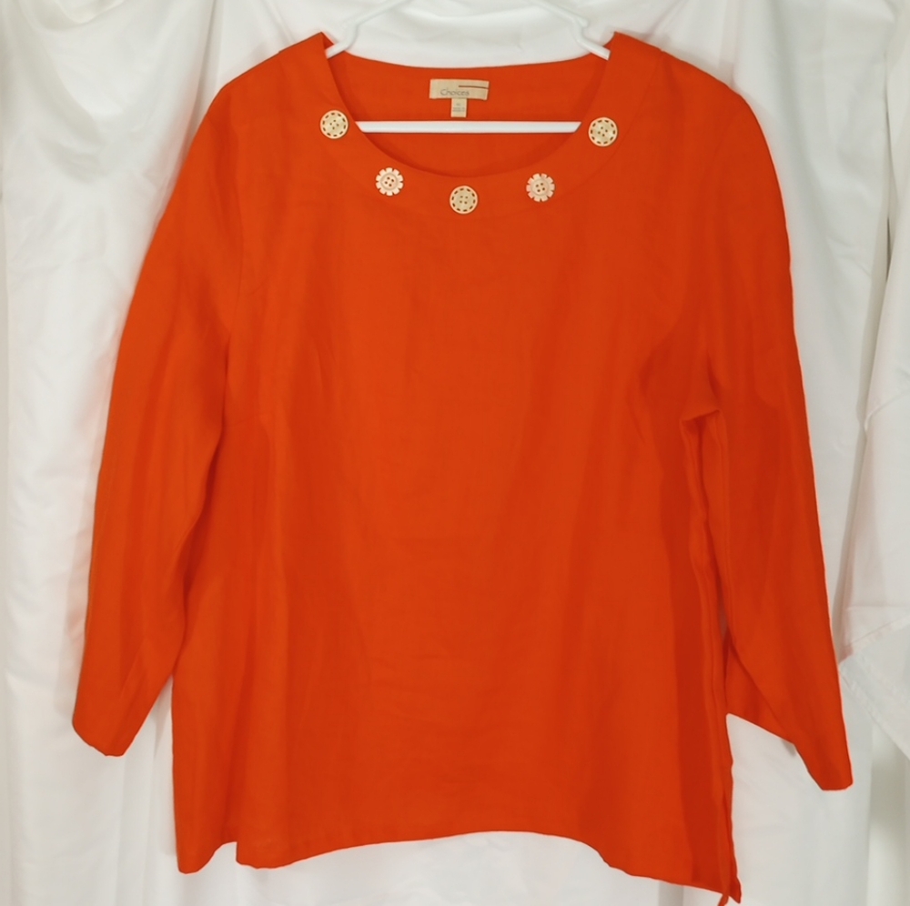 Choices 100% Linen Orange Women's Top with Button Accents